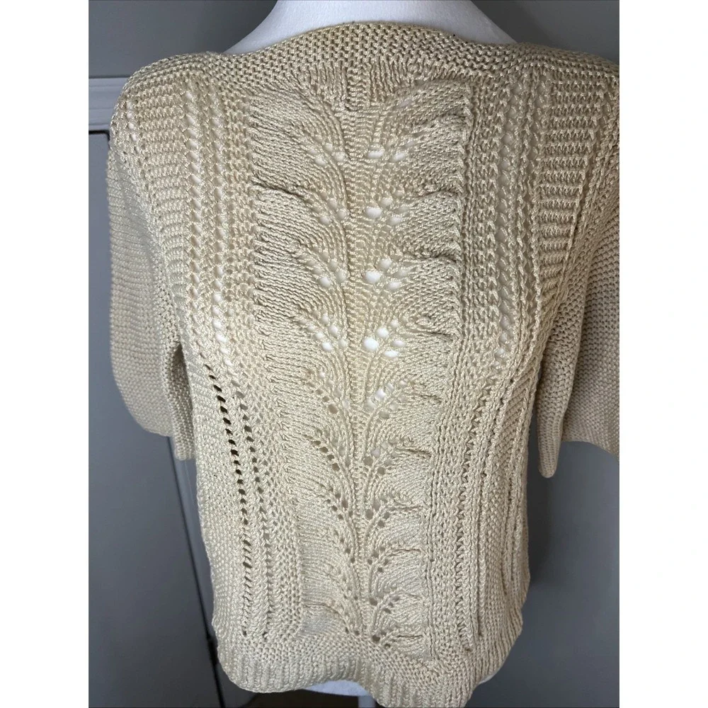 Vintage 70's Handmade Sweater Cream Ivory Cotton Eyelet Pullover Medium